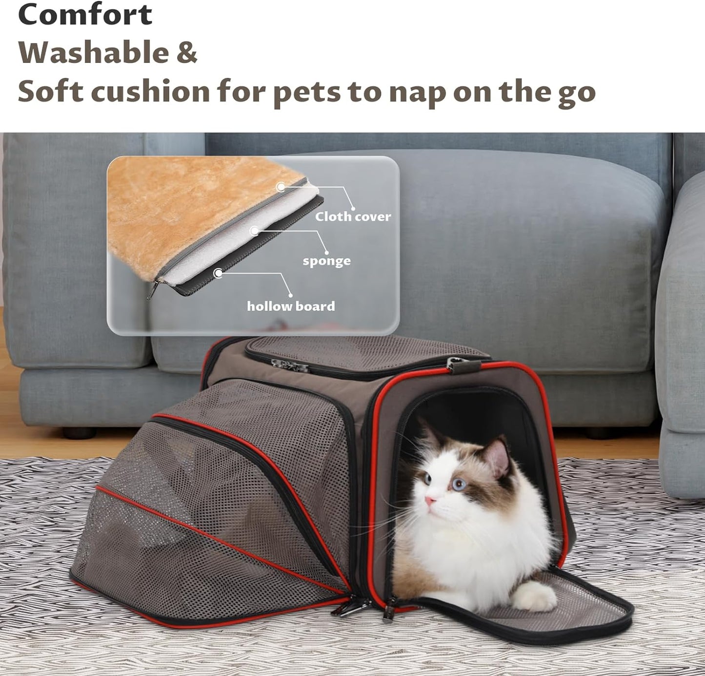 Expandable Cat Carrier Dog Carriers,Airline Approved Soft-Sided Portable Pet Travel Washable Carrier for Kittens,Puppies,Removable Soft Plush Mat and Pockets,Locking Safety Zippers