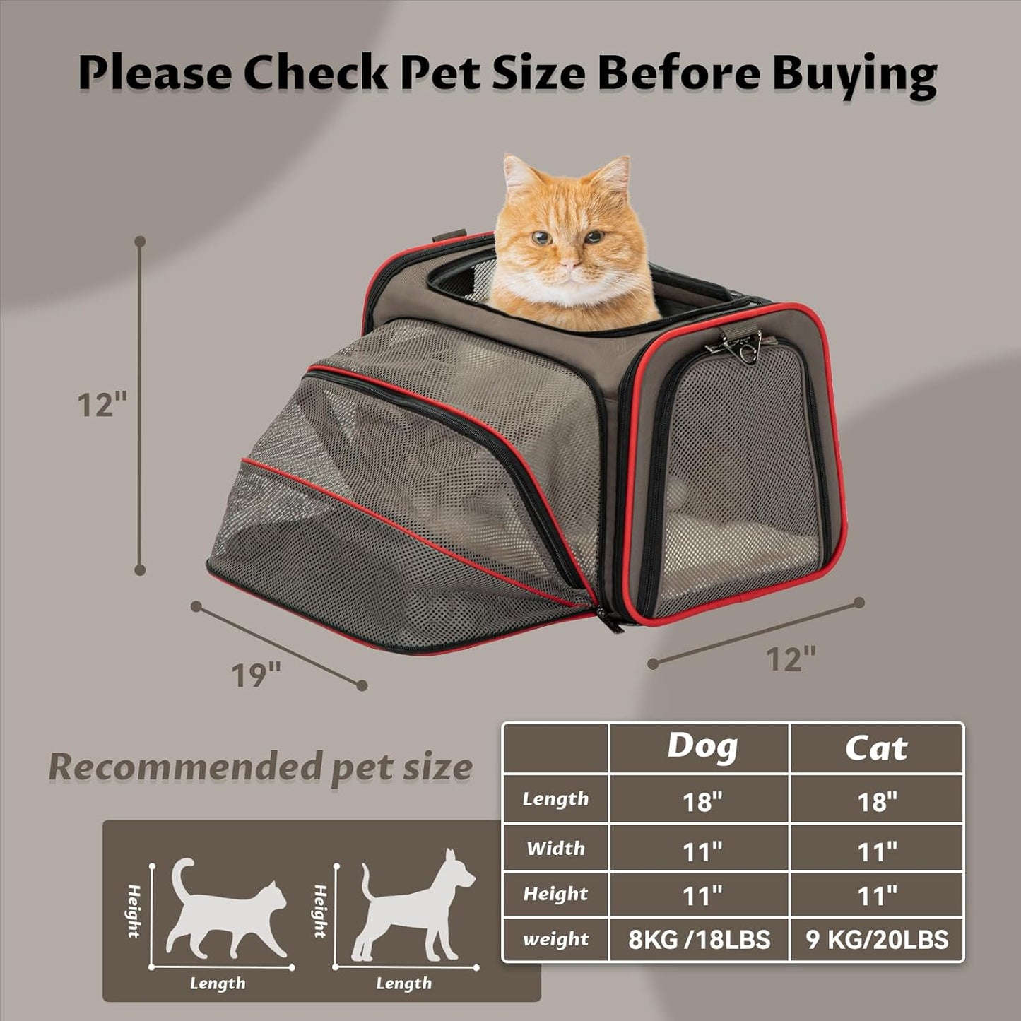 Expandable Cat Carrier Dog Carriers,Airline Approved Soft-Sided Portable Pet Travel Washable Carrier for Kittens,Puppies,Removable Soft Plush Mat and Pockets,Locking Safety Zippers